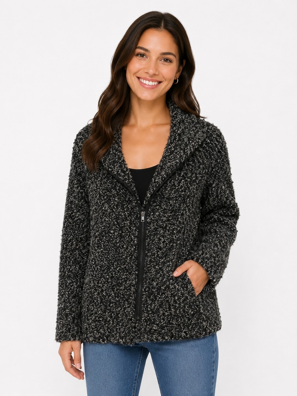 Cullen Cozy Bouclé Zip-Front Jacket - Black & Gray